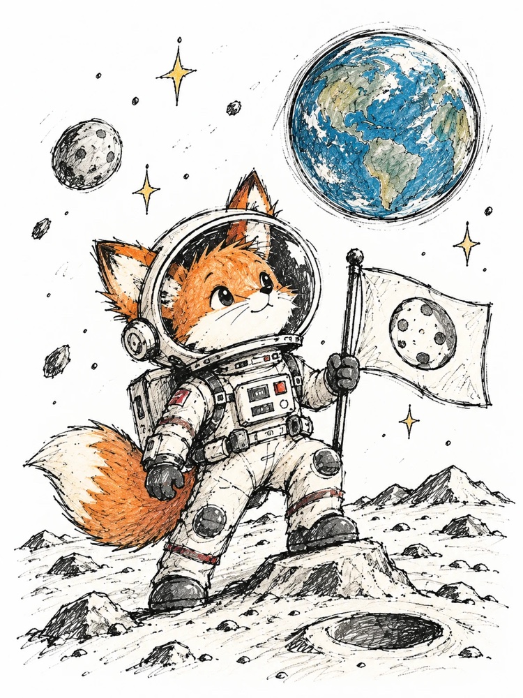 Hand-drawn sketch of a fox astronaut planting a flag on the moon, with Earth in the sky
