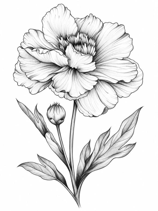 A confident pencil drawing of the same flower with shading and detail