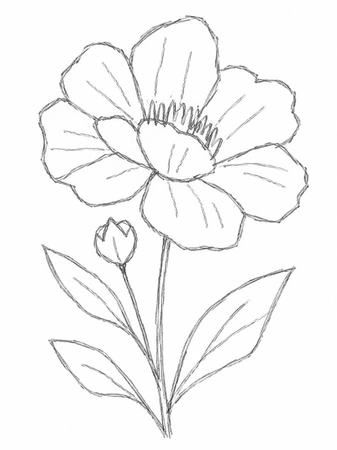 A rough pencil sketch of a flower with wobbly outlines
