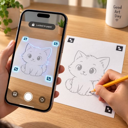 Phone held above a sheet of paper, showing a glowing sketch locked to the page in augmented reality