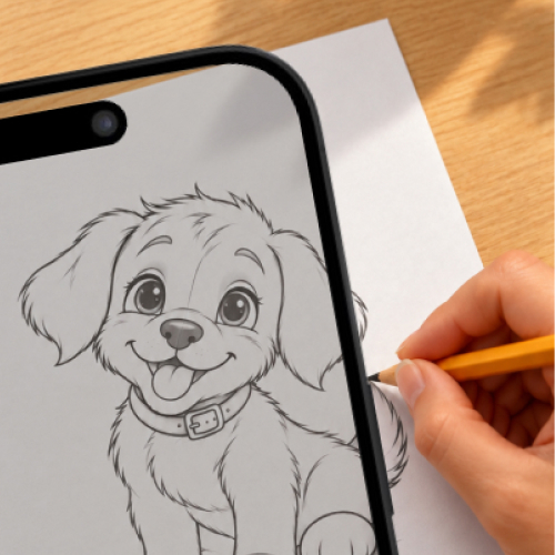 Phone propped beside a sheet of paper, showing a line drawing over the live camera view while a hand draws