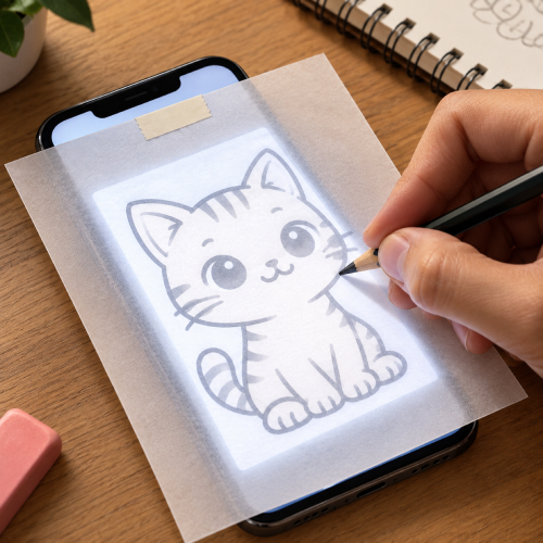 Thin paper taped over a phone screen with a lit outline showing through as a hand traces it
